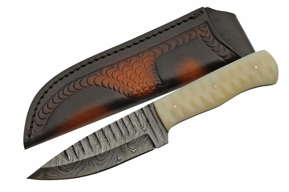 9″ Bone Sharktooth Damascus Skinning Knife