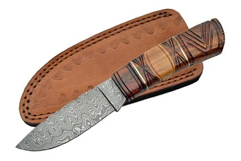 9″ Carved Wood Hand Forged Damascus Skinning Knife