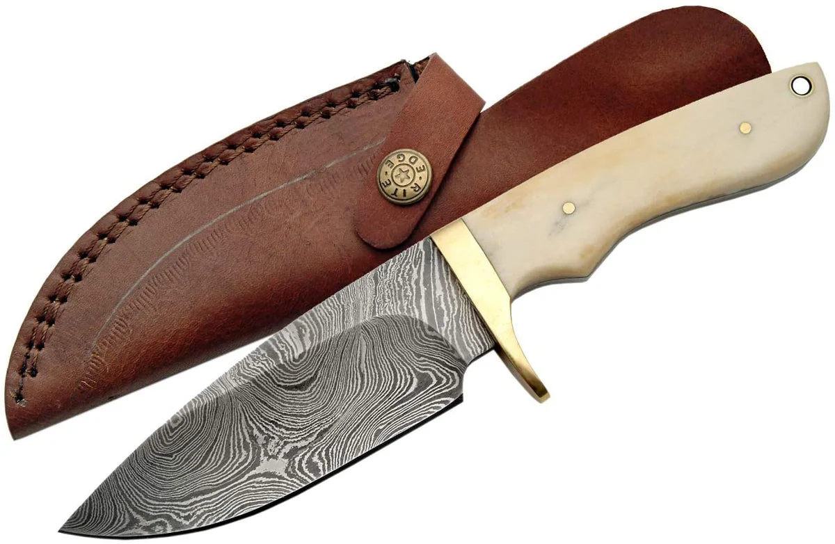 9″ Damascus Steel Hunting Horn Bone Handle Skinning Knife (1089BO)