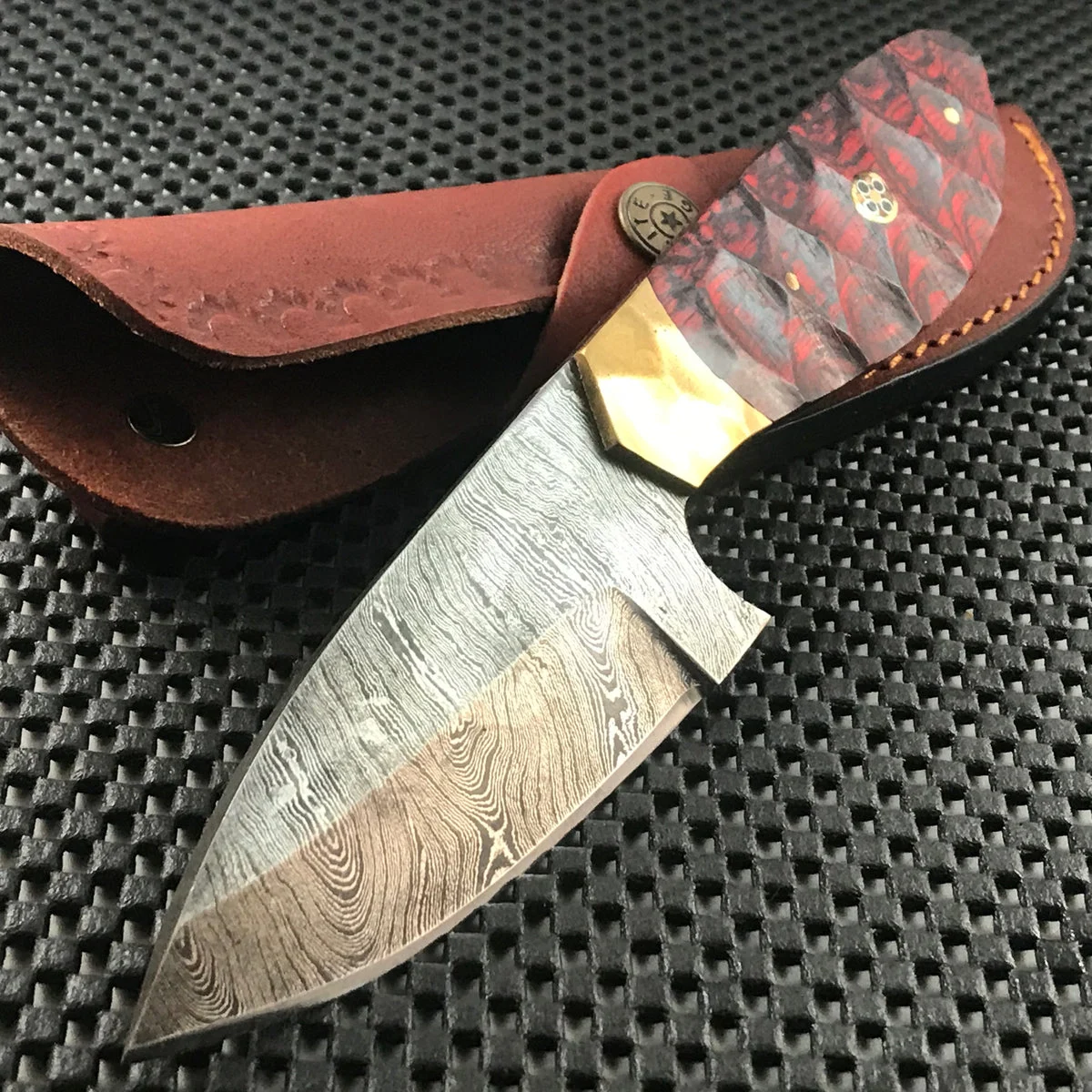 9″ Flint Mosaic Red Custom Damascus Skinning Knife