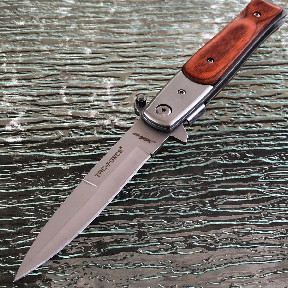 9″ Tac Force Speedster Model Milano Wood Stiletto Pocket Knife