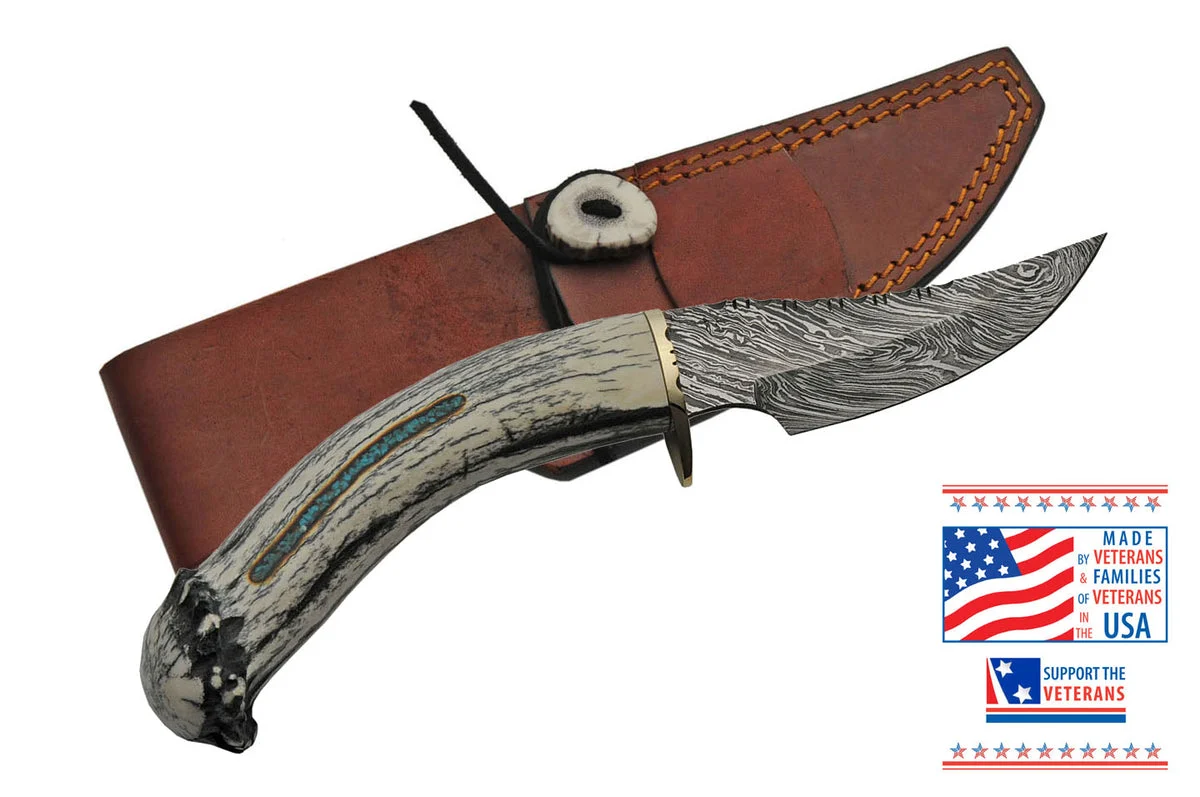 9″ USA Handmade Damascus Deer Antler Skinning Knife