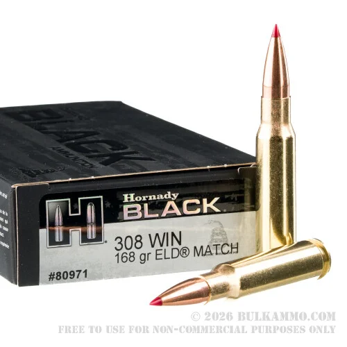 200 Rounds of .308 Win Ammo by Hornady BLACK - 168gr ELD Match