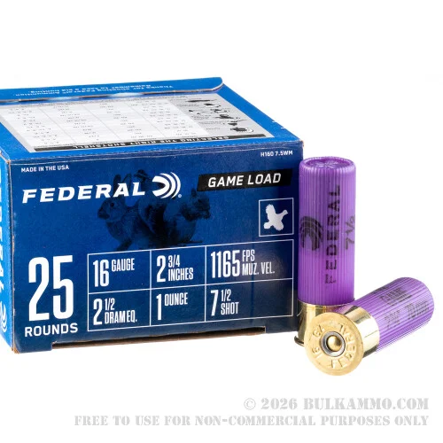 250 Rounds of 16ga Ammo by Federal - 1 ounce #7 1/2 shot