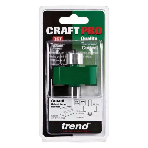 TrendCraftPro 1/2in Bearing Guide Large Rebater Bit 50.8mm dia x 22.5mm cut depth – C040AX1/2TC