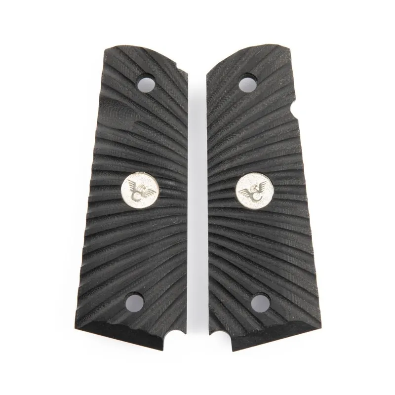 GRIPS, 1911, FULL-SIZE, STARBURST, G10, BLACK, BEVELED BOTTOM, STERLING SILVER MEDALLION
