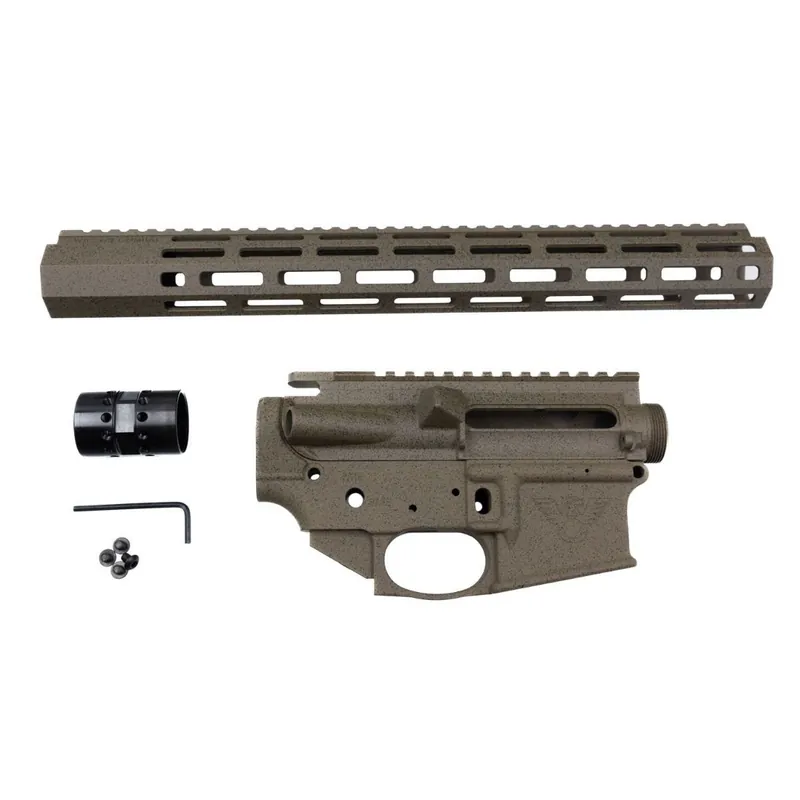 RECEIVER & RAIL SET, AR-15, LOWER/UPPER, FORGED, CLOSED TRIGGER GUARD, 15″ MLOK, GREEN ASH, FDE BASE