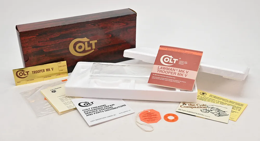 Colt Trooper MK V 6 Inch 1982 Wood Grain Foam Insert Box And Paperwork Package. Brand New