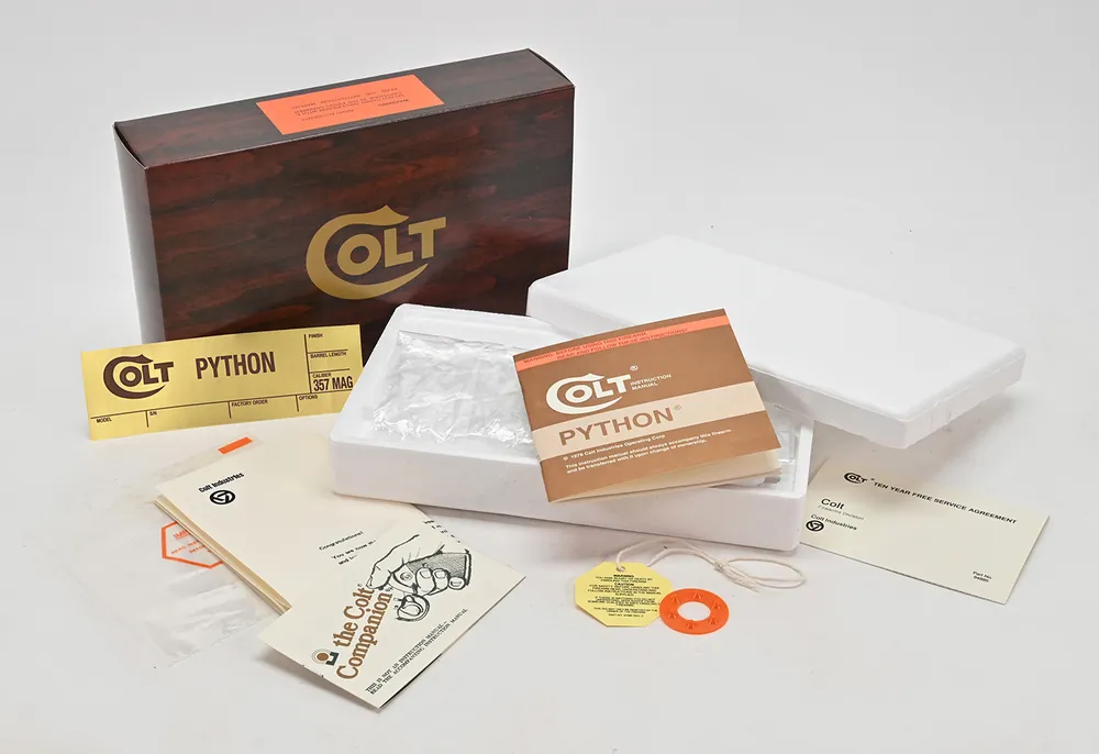 Colt Python 4 Inch 1978 Wood Grain Foam Insert Box And Paperwork Package. Brand New