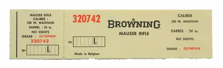 Browning Belgium Olympian 338 Win Mag. 24 Inch Barrel. Factory Box Label. New Original. 320742..