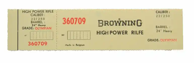 Browning Belgium Olympian .22/250 Heavy Barrel. Factory Box Label. New Original. 360709..