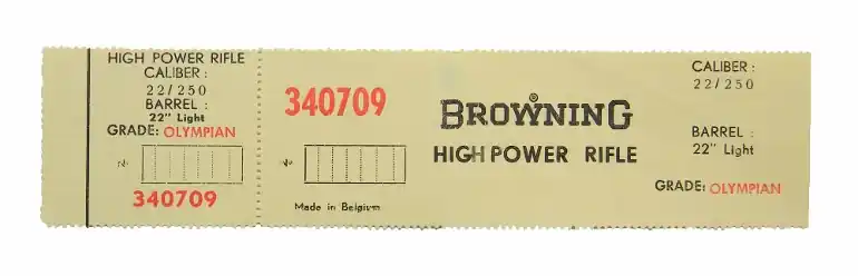 Browning Belgium Olympian .22/250 Light Barrel. Factory Box Label. New Original. 340709..