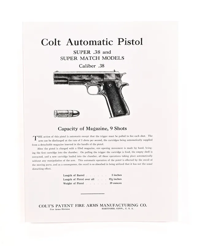 Colt Automatic Pistol Super .38 And Super Match Models Brochure. Form A-123. Brand New