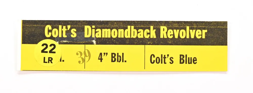 Colt Box Label For Diamondback 4 Inch 22 LR Blue. Red Interior Box. Circa 1964-1972. Brand New