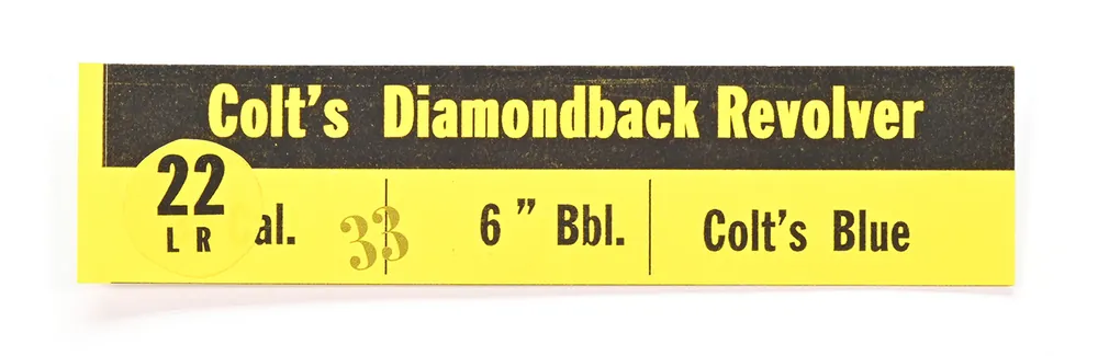 Colt Box Label For Diamondback 6 Inch 22 LR Blue. Red Interior Box. Circa 1964-1972. Brand New