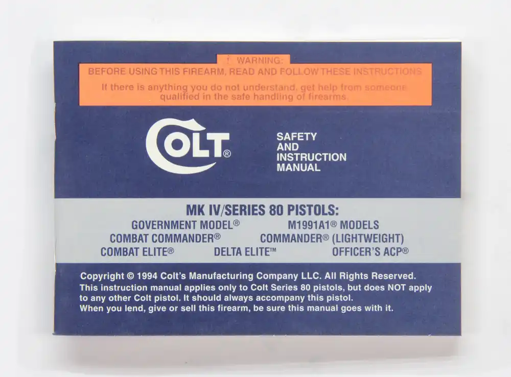 Colt 1994 MK IV Series 80 Pistols Instruction Manual MPN 96001