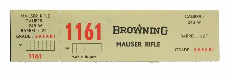 Browning Belgium Safari .243 Win Mauser Rifle 22 Inch Barrel. Factory Box Label. New Original. 1161..