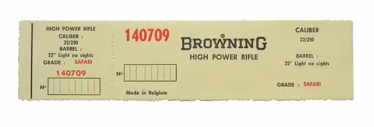 Browning Belgium Safari .22/250 Light Barrel. Factory Box Label. New Original. 140709..
