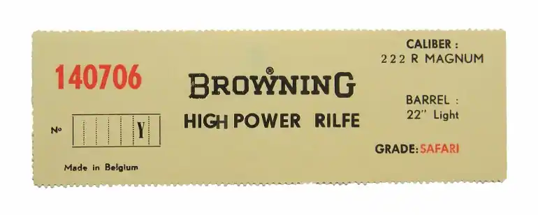 Browning Belgium Safari .222 Rem. Mag. Light Barrel. Box Label. New Original. 140706..