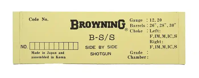 Browning B-S/S . For 12,20 Gauge. Box Label. New Original..