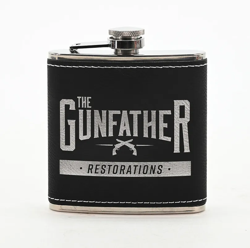 Logo Engraved Gunfather Restorations / Custom Shop Inc. 6 oz. Black/Silver Laserable Leatherette Stainless Steel Flask