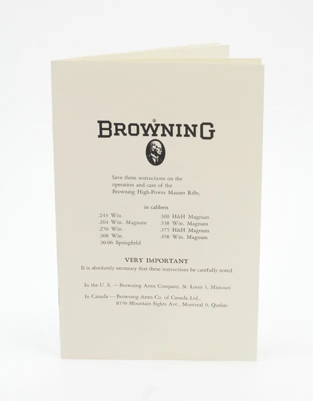 Browning High-Power Mauser Rifle Manual. For Safari, Medallion, Olympian. 1959..