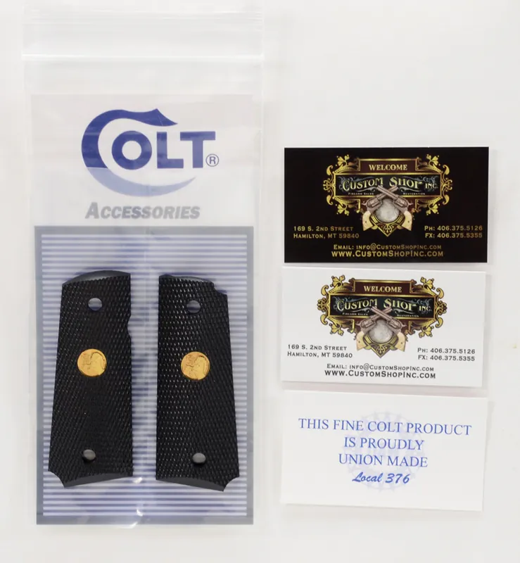 Colt 1911 Officer‘s Model ACP Factory Original Black Lacquered Wood Grips. Gold 150 Yr. Anniversary Medallions. New