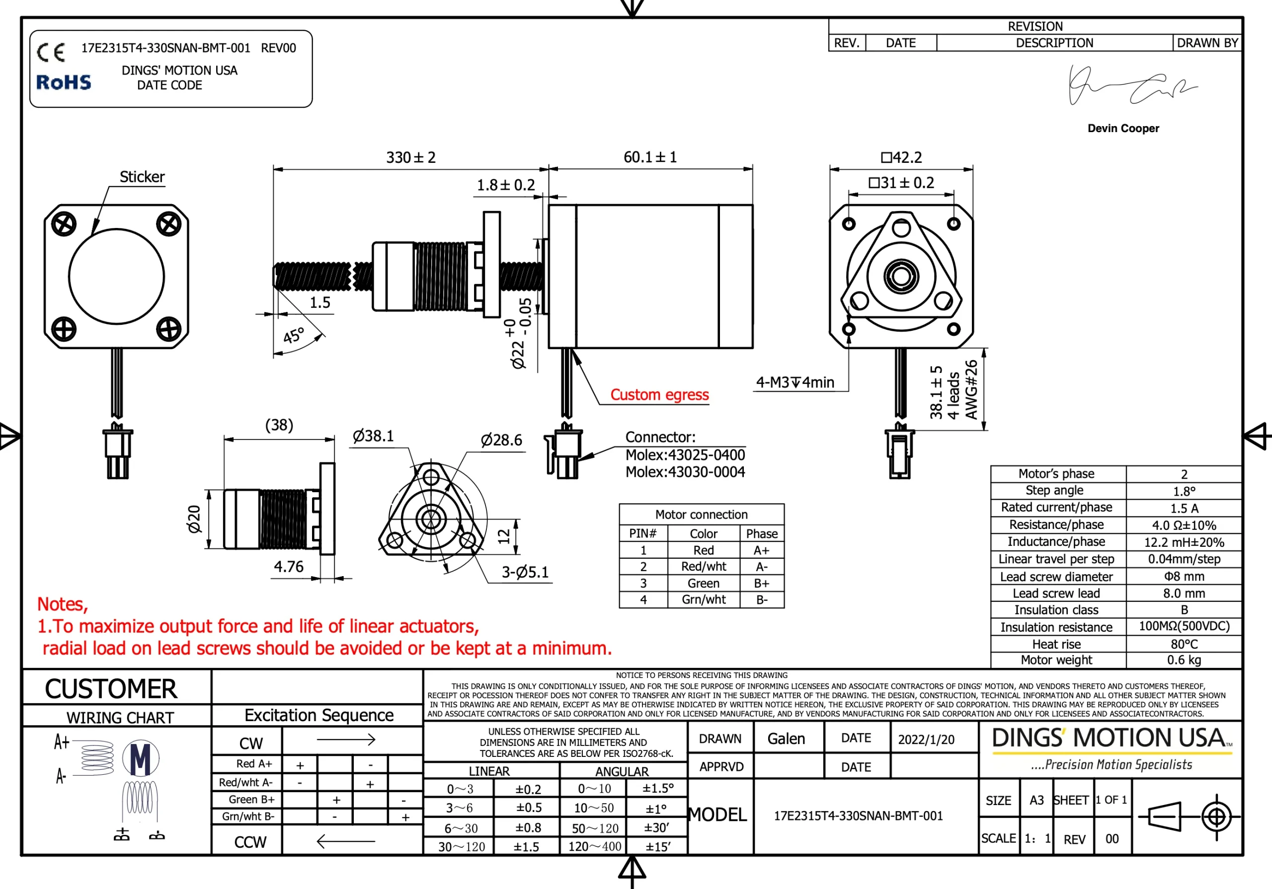 NEMA 17 Stepper Motor 330mm integrated lead-screw