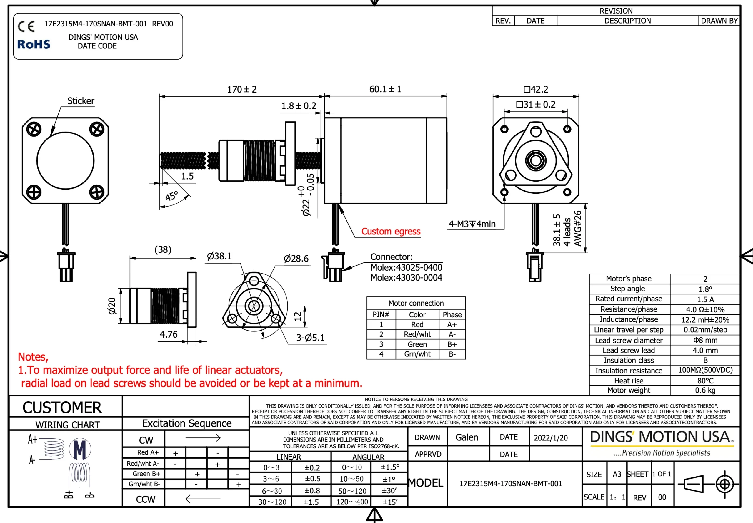 NEMA 17 Stepper Motor 170mm integrated lead-screw