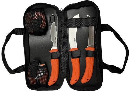 AccuSharp Processing Kit Fixed Butcher/Caping/Gutting Plain Stainless Steel Blades/Blaze Orange Non-Slip Grip 6 Piece Includes Nylon Case