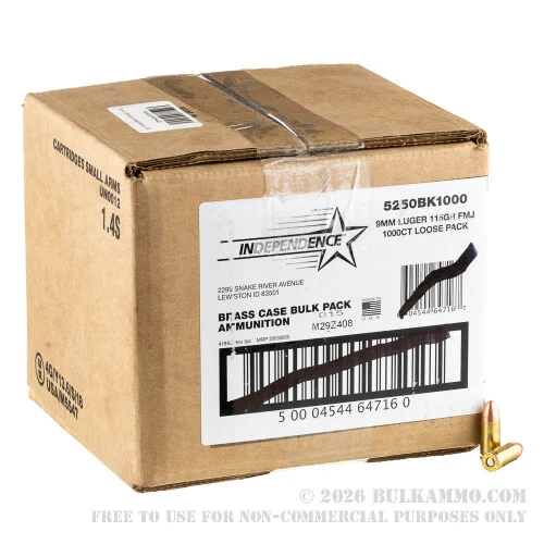 1000 Rounds of 9mm Ammo by Independence Bulk Pack - 115gr FMJ *NICKEL PLATED CASINGS*