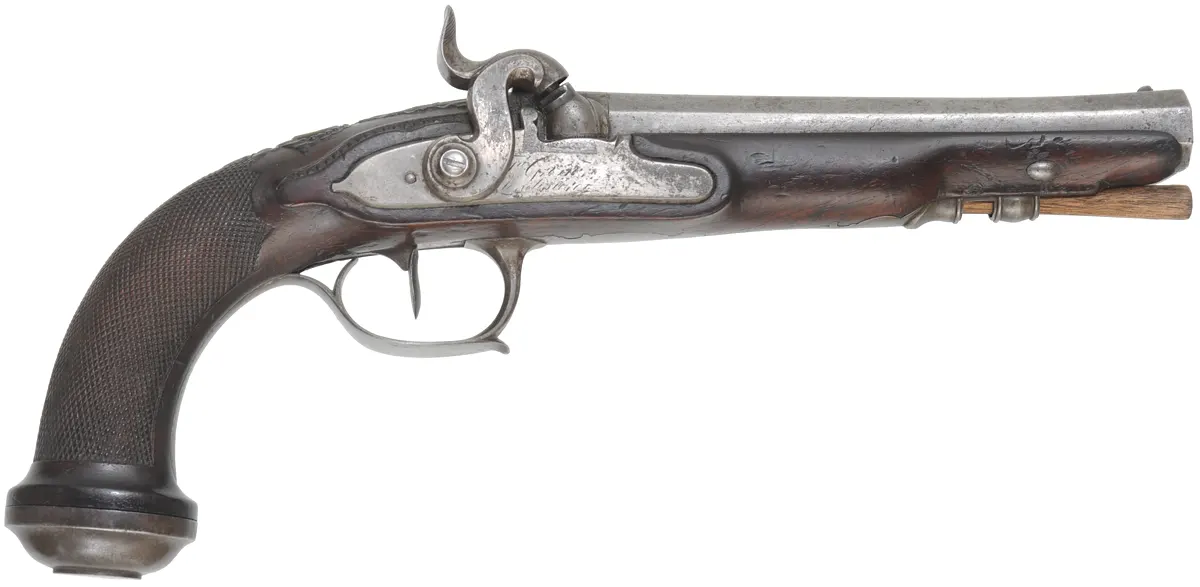 Antique Belt Pistol,.58 caliber, 7" swamped barrel, percussion conversion lock, checkered walnut, iron trim