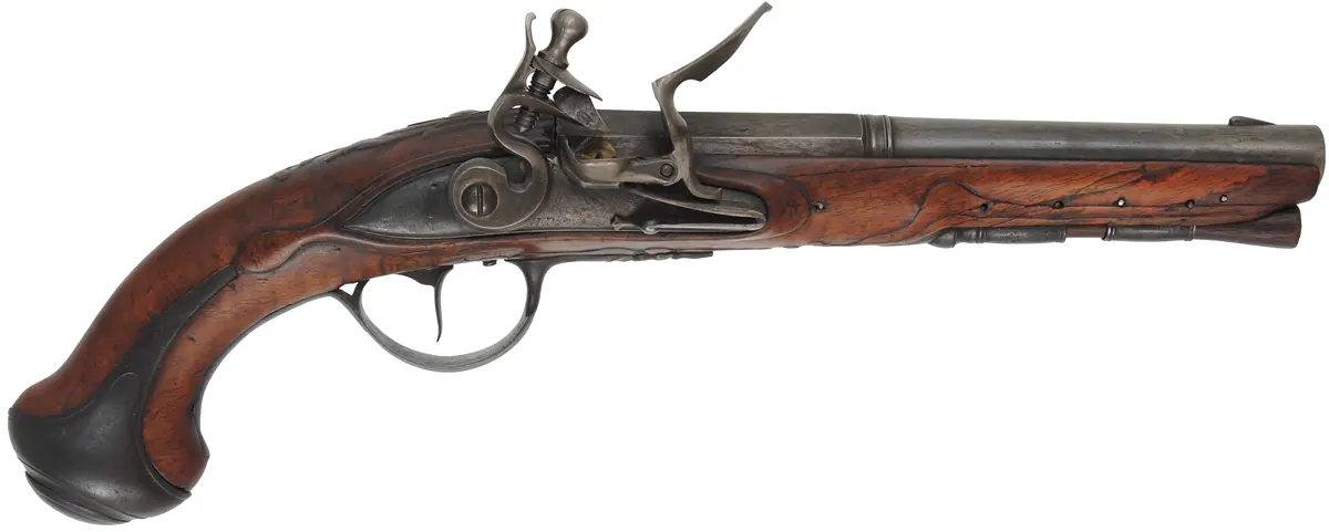 Antique French Pistol,.55 caliber smoothbore, 8-3/8" octagon-to-round barrel,reconverted flintlock, iron trim, walnut, unsigned