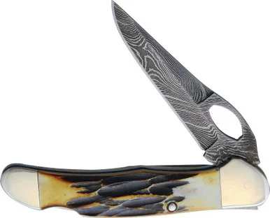 Bear & Son Damascus India Stag Bone Locking Cowhand Folding Knife With Pocket Clip BR5149LD
