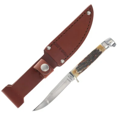 Bear & Son Small Hunter India Stag Bone 3 Inch Plain Satin Clip Point BR563