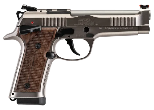 Beretta 92X Performance Defensive 9mm, 4.6" Barrel, Nickel/Stainless, Optics Ready, Manual Safety, Fiber Optic Front Sight, Walnut Grips, 2x10rd Mags
