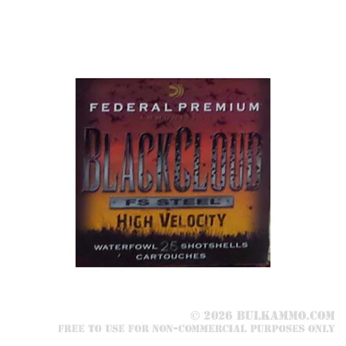 250 Rounds of 12ga 3" Ammo by Federal Black Cloud FS Steel High Velocity - 1 1/8 ounce #4 shot