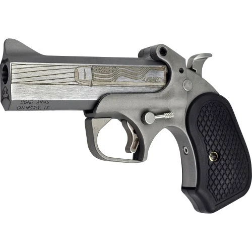 Bond Arms 250th Redneck Derringer 45-70 Gov, 4.25" Barrel, Anniversary Engraved Flat Barrel, Stainless Silver, Black Grips, Guard, 2rd