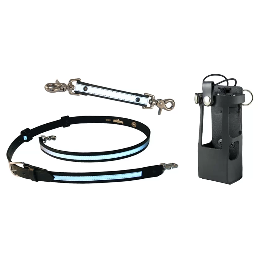 Boston Leather FDNY Style Leather X-Long Radio Strap with Reflective Trim with Mic Straps, Motorola APX6000XE Case and Black Leather Anti-Sway Strap with Reflective Stripe