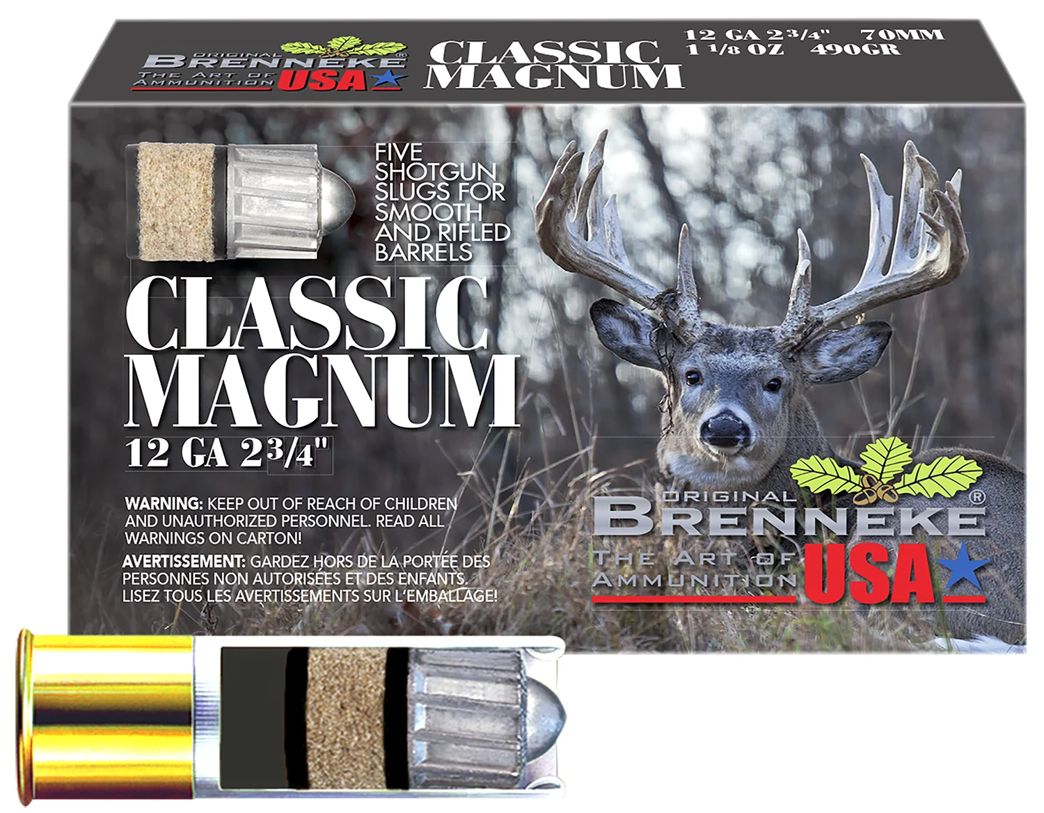 Brenneke SL122CLM Classic Magnum12Gauge 2.75″ 1 1/8oz Slug Shot 5 Per Box/50 Case