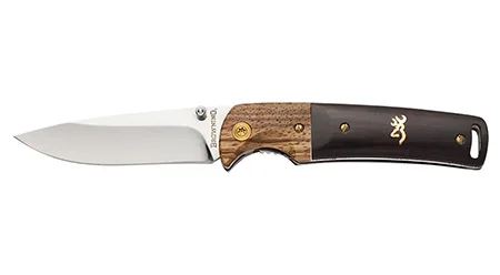Browning 3220231 Buckmark Hunter EDC 3″ Folding Drop Point, Plain Mirror Polished 8Cr14MoV SS Blade, Black/Natural Finger Grooved w/Brass Accents Hardwood Handle, Includes Pocket Clip