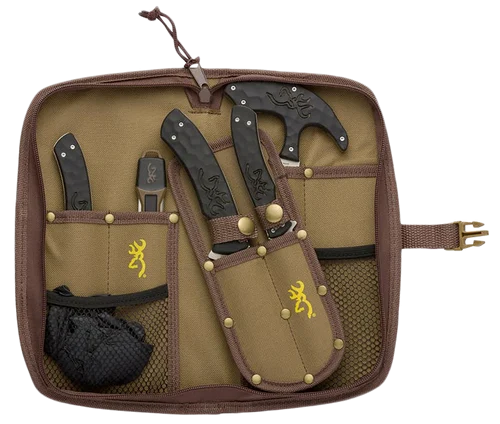 Browning Primal Combo Fixed Bone SaCaper/Gut Tool/Sharpening Tool/Skinner 8Cr13MoV SS Blade, Black Polymer Rubber Overmold Handle, 6 Piece Set, Includes Case/Gloves