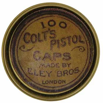 Cap box, 1-3/4" diameter, empty, with antique style label marked, 100 Colt's Pistol Caps, Made by Eley Bros., London