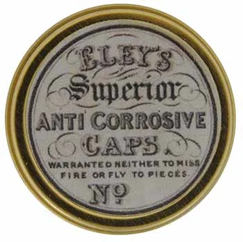 Cap box, 1-3/4" diameter, empty, with antique style label marked, Eley's Superior Anti Corrosive Caps, Warrented Neither to Miss Fire or Fly to Pieces No.