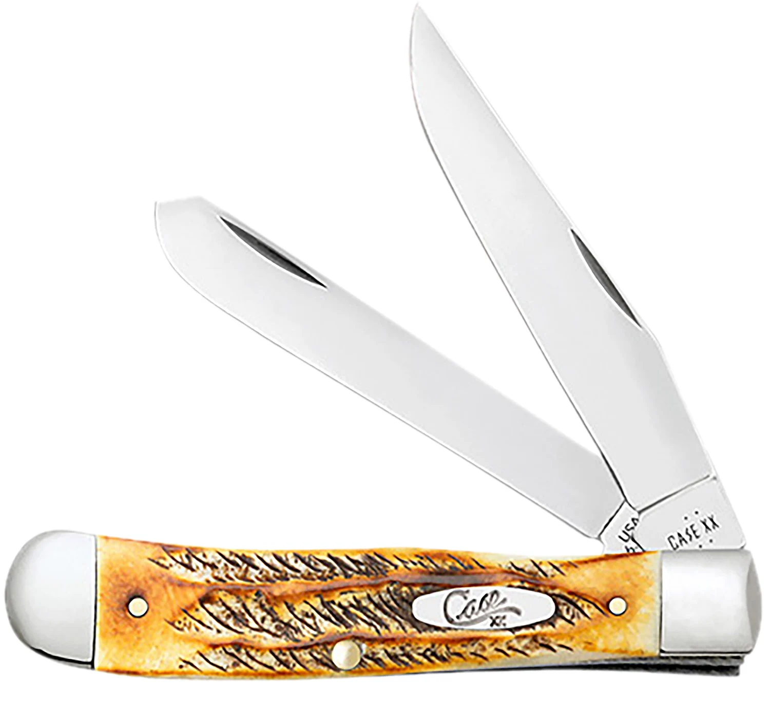 Case 65345 Trapper3.25″ Folding Clip Point/Spey Plain Mirror Polished Tru-Sharp SS Blades, Burnt Dark Amber 6.5 BoneStag Handle, Includes Pocket Clip