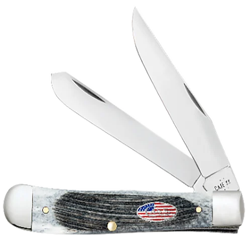Case Stockman Stars & Stripes Medium 2.57"/1.88"/1.71" Folding Clip Point/Pen/Sheepsfoot Plain Mirror Polished Tru-Sharp SS Blade, Sawcut Jig Gray Bone Handle, American Flag Shield