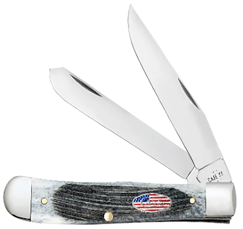 Case Trapper Stars & Stripes 3.24"/3.27" Folding Clip Point/Spey Plain Mirror Polished Tru-Sharp SS Blade, Sawcut Jig Gray Bone Handle, American Flag Shield