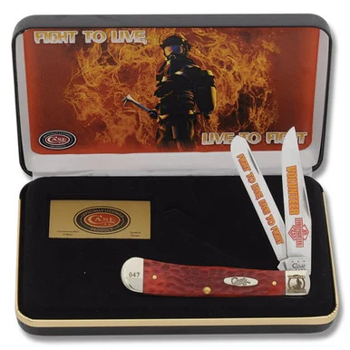 Case XX Red Jigged Bone Volunteer Firefighter Trapper Folding Knife with Collector's Tin CATVFF