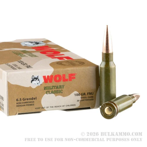 20 Rounds of 6.5mm GrendelAmmo by Wolf Military Classic - 100 gr FMJ
