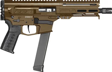 CMMG 99A68A2MB Dissent MKGS 9mm Luger 33+1 6.50″, Midnight Bronze Rec, Picatinny Brace Adapter, 5.50″ M-LOK Handguard, Left Side Charging Handle, Zeroed Linear Comp, TriggerTech Trigger